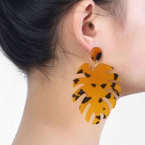 Tortoise Pattern Tropical Leaf Large Drop Earrings