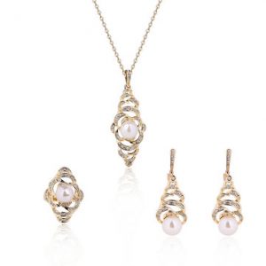 Trendy Jewelry Set Pearl Rhinestone Special Earrings Ring Necklace Set