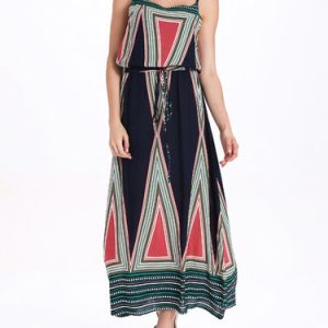 Tribal Printed Spaghetti Boho A-line Midi Dress with Belt