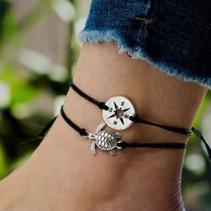 Turtle and Compass Shape Anklet Set for Women - One Size