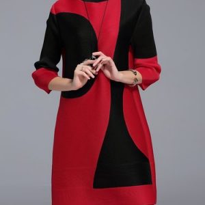 Turtleneck Shift Casual 3/4 Sleeve Color-block Mini Dress