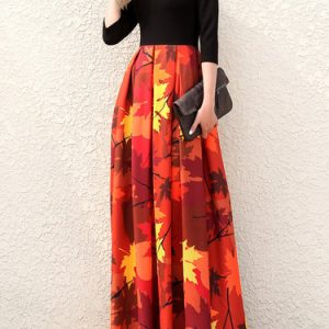 Turtleneck Swing Elegant Graphic 3/4 Sleeve Maxi Dress