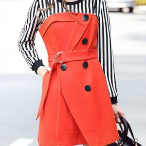 Two Piece Crew Neck Long Sleeve Stripes Tops Spaghetti Buttoned Casual Mini Dress