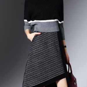 Two Piece Knitted Color-block Batwing Stripes Asymmetrical Sweater Dress