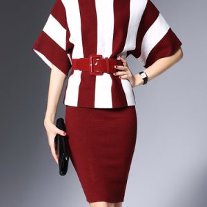 Two Piece Knitted Short Sleeve Stripes Sweater Dress