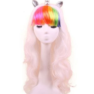 Unicorn Costume Wig White Synthetic Multicolored Blunt Bangs Hair Wigs Halloween Costume Accessories