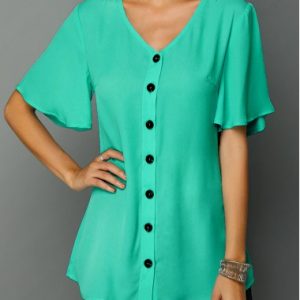 V Neck Button Up Short Sleeve Flare Sleeve Green Tunic Top St Patricks Day Shirts - L