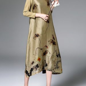 V Neck Floral Print Long Sleeve Vintage A-line Midi Dress