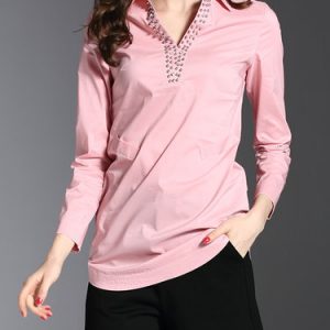 V Neck H-line Simple Beaded Plain Blouse