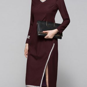 V Neck Long Sleeve Slit Midi Dress