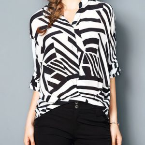 V Neck Stripes Silk Casual 3/4 Sleeve Blouse