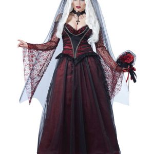 Vampire Costume Halloween Corpse Bride Dark Red Women Dresses And Veil