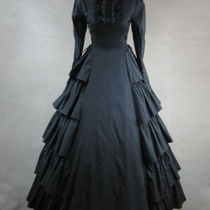 Victorian Black Long Sleeves Ruffles Dress Costume Halloween