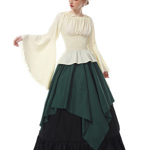 Victorian Costume Retro Long Sleeve Chiffon Women Medieval Dresses Halloween