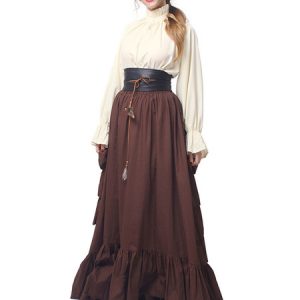 Victorian Costume Retro Women Tiered Ruffles Long Sleeve Chiffon Medieval Dresses Halloween