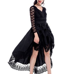 Victorian Dress Retro Costume Gothic Medieva Renaissance Lace V Neck Royal Women Black Gown Halloween