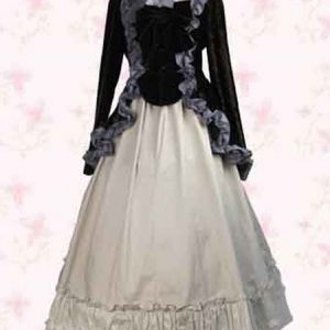 Victorian Retro Costumes Velour Ruffles Bow Dress Women Vintage Clothing