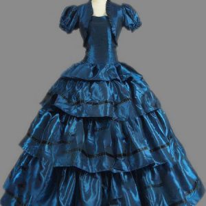 Victorian Retro Costumes Women Cloak Dress Ruffle Blue Vintage Clothing