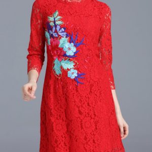 Vintage 3/4 Sleeve Floral-embroidered Mini Dress