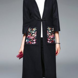 Vintage 3/4 Sleeve Wool Blend Floral-embroidered H-line Coat