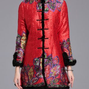 Vintage A-line Floral-print Long Sleeve Fur And Shearling Coat