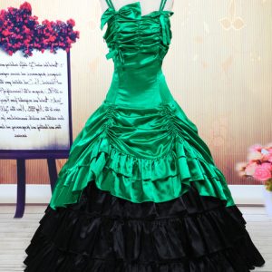 Vintage Costume Dress Women's Victorian Green Satin Ruffle Retro Maxi Dress Halloween