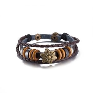 Vintage Fashion Alloy Wood Charm Strap Leather Wristband Women's Bracelet