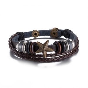 Vintage Fashion Alloy Wood Charm Strap Leather Wristband Women's Bracelet