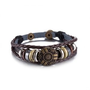 Vintage Fashion Alloy Wood Charm Strap Leather Wristband Women's Bracelet