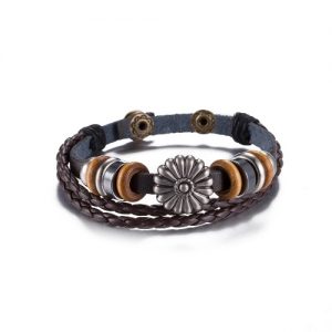 Vintage Fashion Alloy Wood Charm Strap Leather Wristband Women's Bracelet