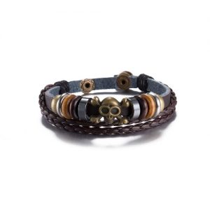 Vintage Fashion Alloy Wood Charm Strap Leather Wristband Women's Bracelet