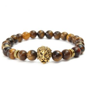 Vintage Fashion Men Bracelet Yellow Tiger Eye Gold Lion Head Beaded Yogo Stretch Bracelet