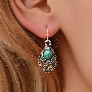 Vintage Faux Turquoise Carved Teardrop Hook Earrings