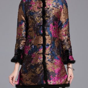 Vintage Floral Long Sleeve A-line Fur And Shearling Coat