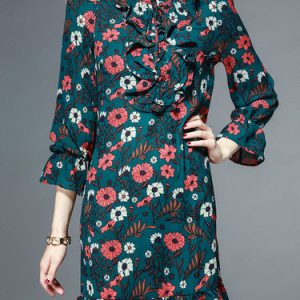 Vintage Floral-print Flounce Frill Sleeve Midi Dress