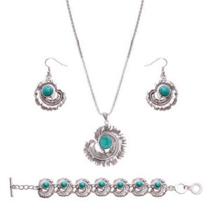 Vintage Jewelry Set Feather Retro Turquoise Necklace Earrings Bracelet Kit