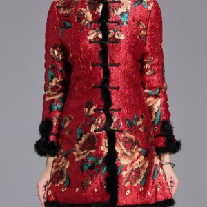 Vintage Long Sleeve Stand Collar Floral Fur And Shearling Coat