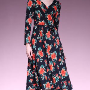 Vintage Pockets Long Sleeve Floral Print V Neck Midi Dress