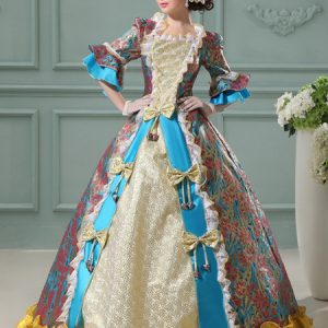 Vintage Princess Costume Floral Rococo Ball Gowns Blue Women's Ruffle Bows Jacquard Maxi Royal Vintage Costume Dress Halloween