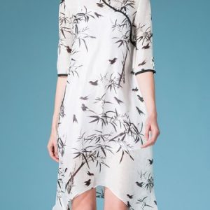 Vintage Printed 3/4 Sleeve Stand Collar Midi Dress