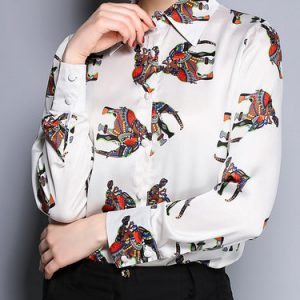 Vintage Shirt Collar Animal Printed Long Sleeve Blouse