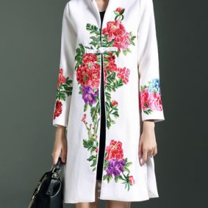 Vintage Stand Collar Shift Long Sleeve Floral-embroidered Coat