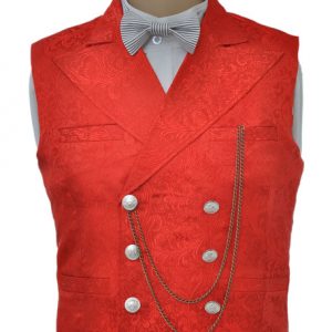 Vintage Steampunk Waistcoat Red Men's Double Breasted Suit Vest Pocket Watch Chain Back Strap Jacquard Retro Costume Halloween