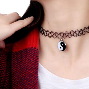 Vintage Stretch Tattoo Choker Necklace Retro Elastic Collar Bagua Tai Chi Pendant Jewelry Chinese Style Accessories