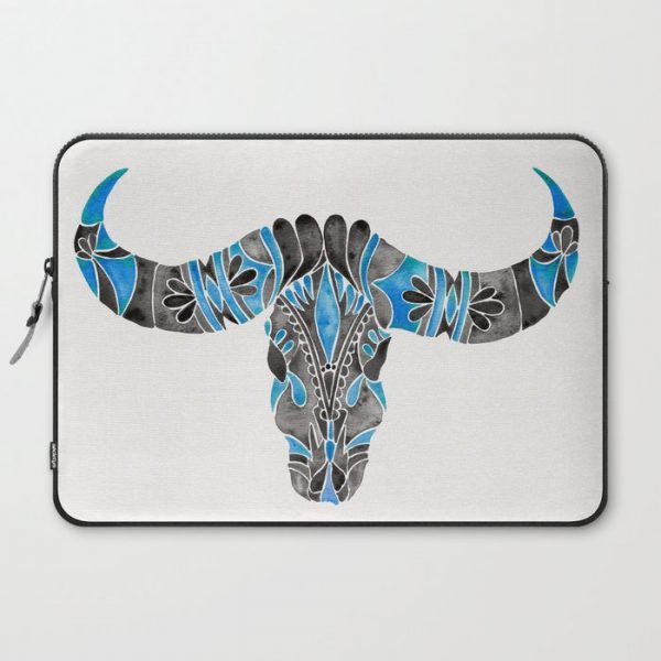 Water Buffalo Skull - Black & Blue Computer Cover by Cat Coquillette - Laptop Sleeve - 15"