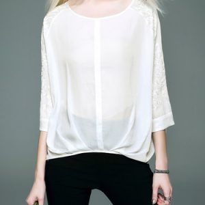 White 3/4 Sleeve Crew Neck Silk Embroidered Blouse