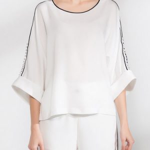 White 3/4 Sleeve Solid Silk Blouse