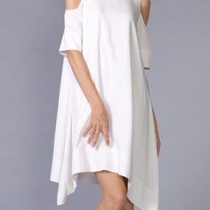 White Asymmetrical Cold Shoulder Midi Dress