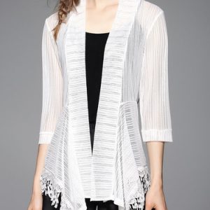 White Asymmetrical Fringed 3/4 Sleeve Coat