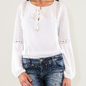 White Balloon Sleeve Crew Neck Blouse